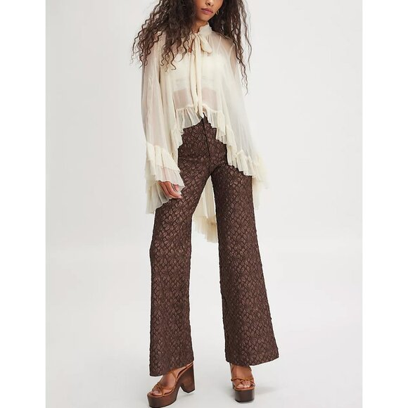 🆕 FREE PEOPLE Runaway Floral Flare Pants / French Chocolate - Picture 1 of 7